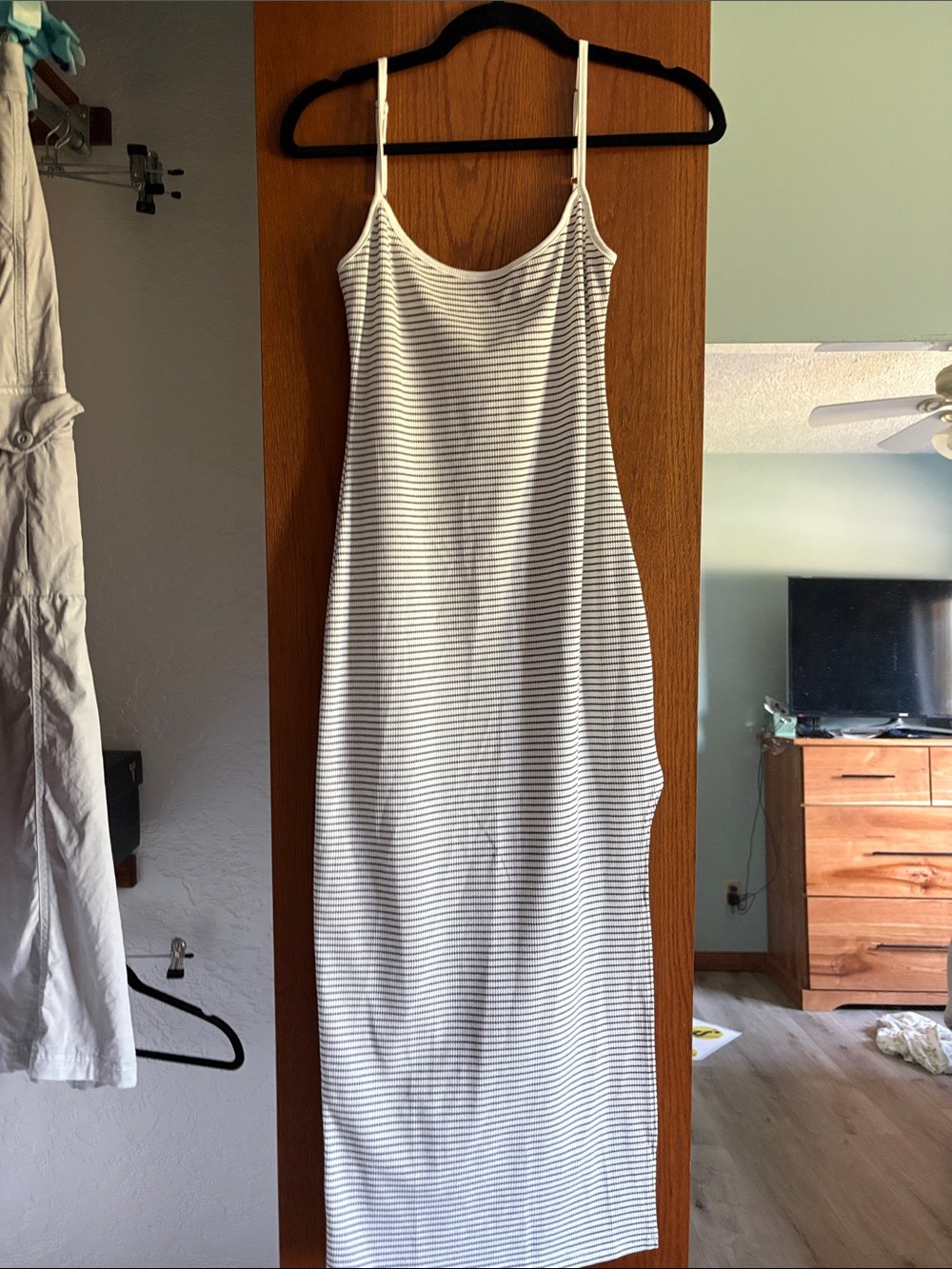 Striped Spaghetti Strap Maxi Dress - White & Black